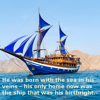 Vintage Wooden Ship with Blue Sails near Komodo Island, Indonesia